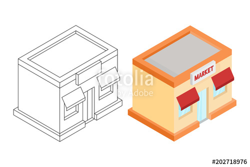 500x334 Store Front With Market Sign Colored Isometric Drawing