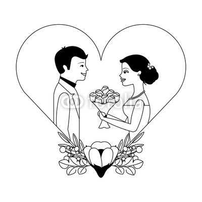 400x400 Married Couple With Floral Decoration In Heart Vector Illustration
