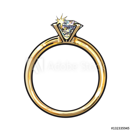 500x500 Golden Engagement Ring With A Big Shining Diamond, Sketch Style