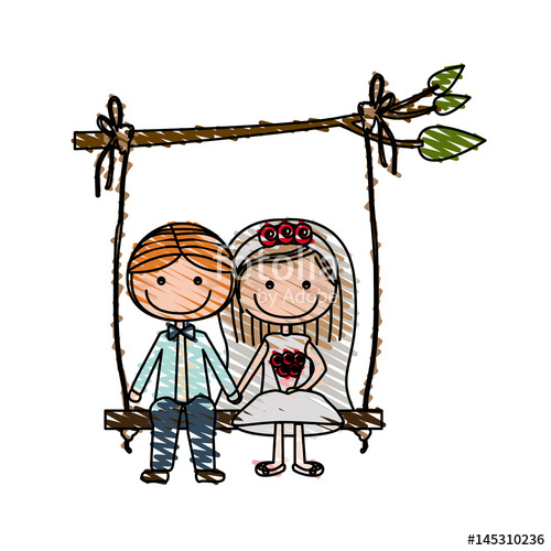 500x500 Color Pencil Drawing Of Caricature Married Couple Sit In Swing