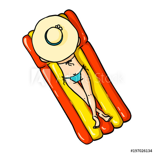 500x500 cartoon girl with hat and swimsuit relaxing on air mattress