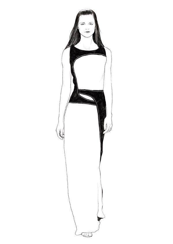 600x849 Fashion Illustration Of Model In A Monochrome Maxi Dress Fashion