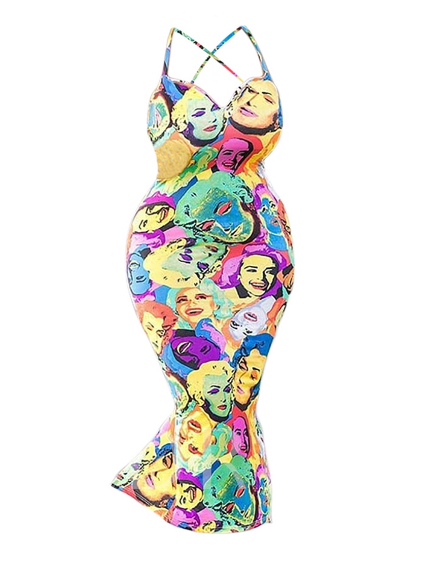 840x1120 Spaghetti Straps Figures Pattern Women's Maxi Dress