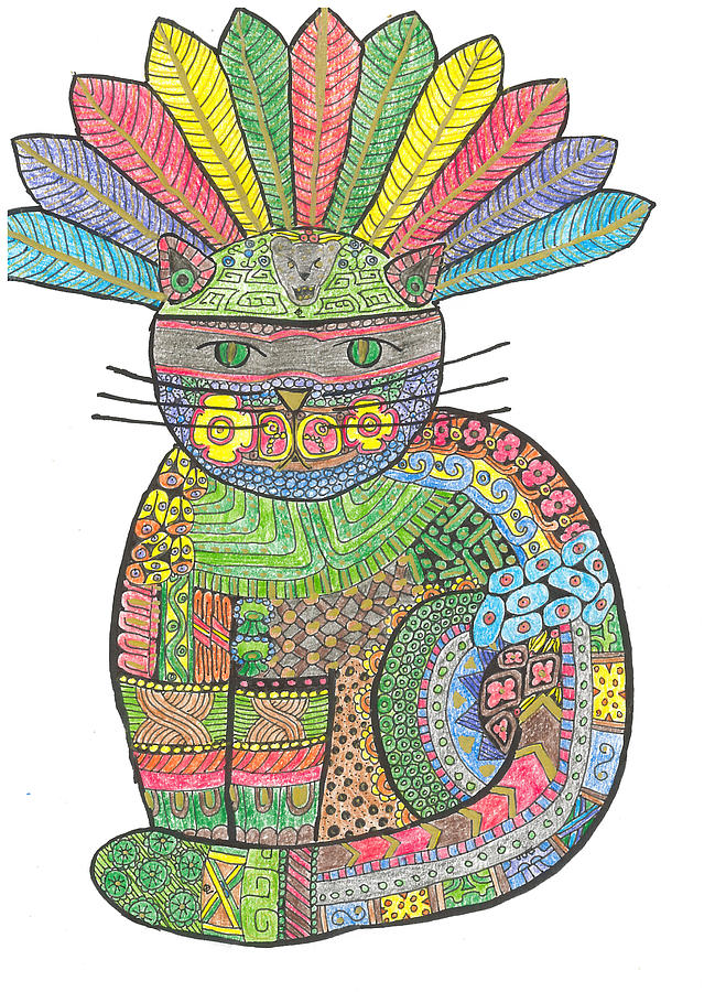 649x900 Patchwork Cat V Mayan Warrior Cat Drawing