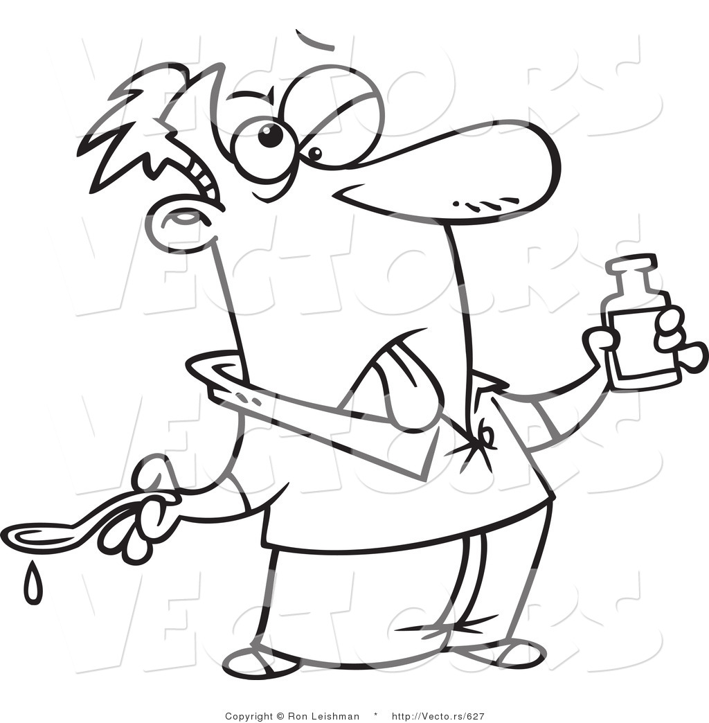 1024x1044 vector of a sick cartoon man taking awful medication