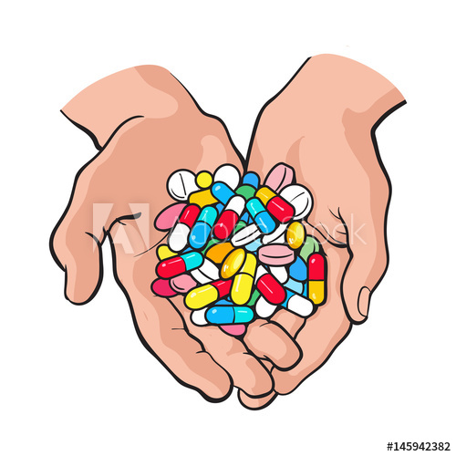 500x500 two cupped hands holding handful, pile of colorful pills, tablets