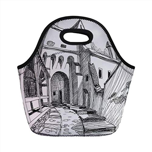 500x500 Portable Bento Lunch Bag,medieval Decor,medieval Citadel Sketch
