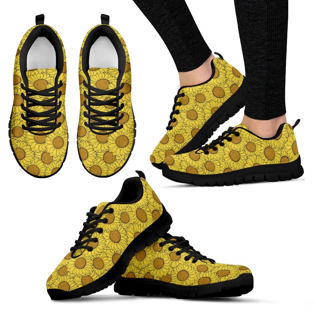 1024x1024 Sunflower Drawing Print Pattern Black Sneaker Shoes For Men Women