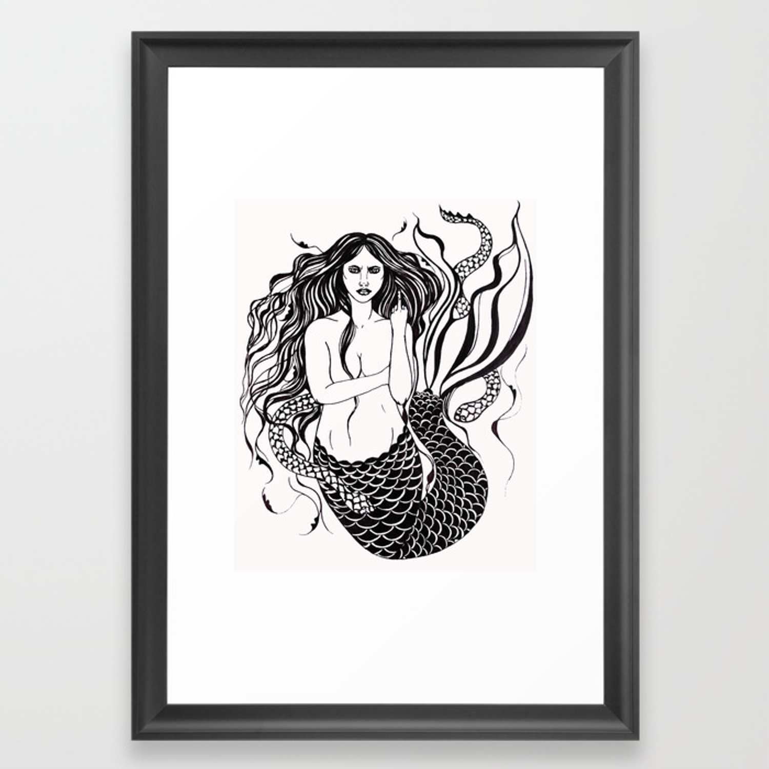 1500x1500 Angry Mermaid Ink Drawing Framed Art Print