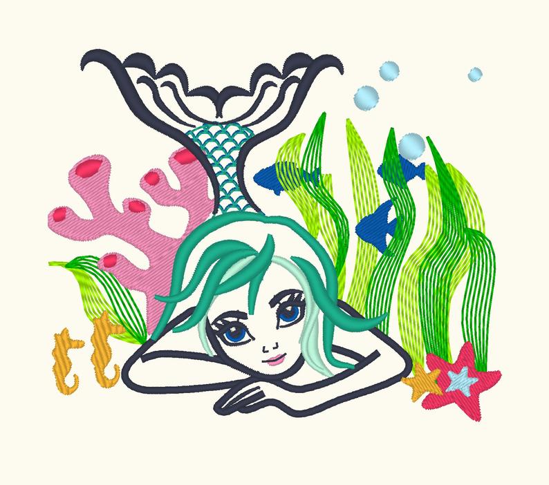 794x702 Colorful Mermaid Embroidery Design Outline Design Mermaid Etsy