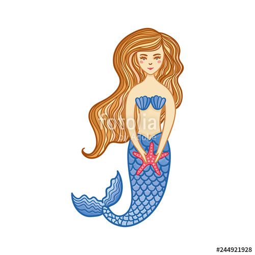 500x500 Hand Drawn Cute Little Mermaid Girl With Starfish Color Cartoon