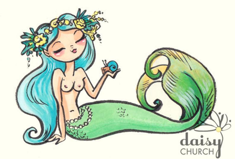 794x539 Blue Green Pin Up Mermaid Girl Original Drawing Etsy