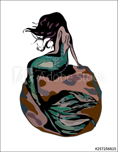 390x500 Mermaid With Hair And Green Tail On A Brown Rock Isolated On White