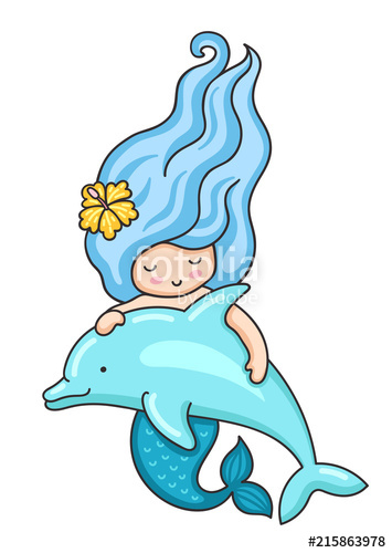 355x500 Cute Little Mermaid With Wavy Floating Long Blue Hair And Dolphin
