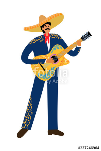 334x500 Isolated Flat Cartoon Of A Mexican Man Playing Guitar In Sombrero