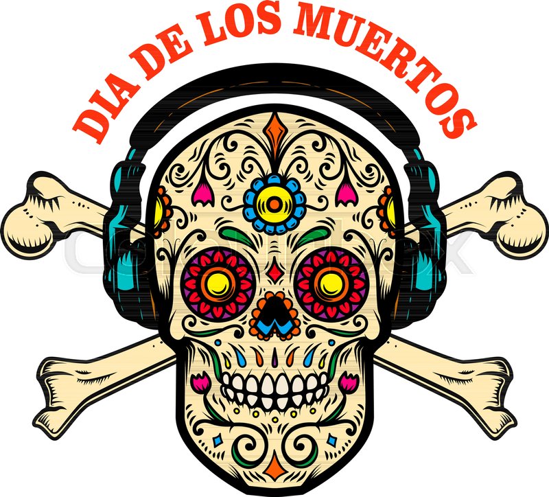 800x724 Mexican Sugar Skull With Headphones Stock Vector Colourbox