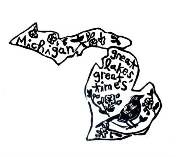570x510 Michigan State Linoleum Block Print With Text State Bird And Etsy