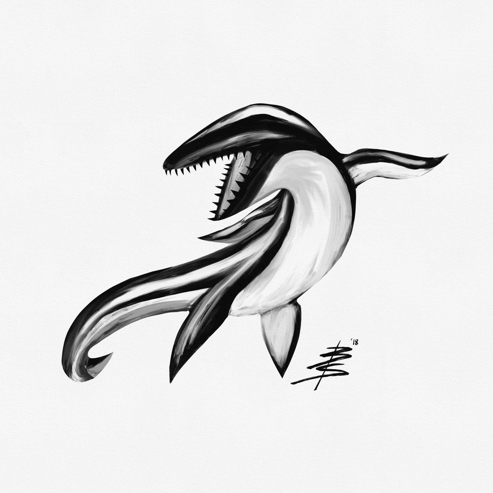 1000x1000 mimosa abstract ink brush mosasaur dinosaur marine reptile