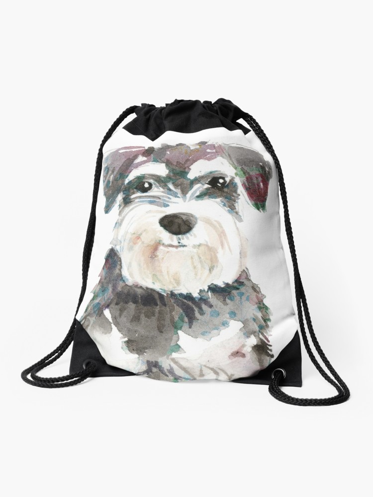 750x1000 miniature schnauzer dog watercolour illustration drawstring bag