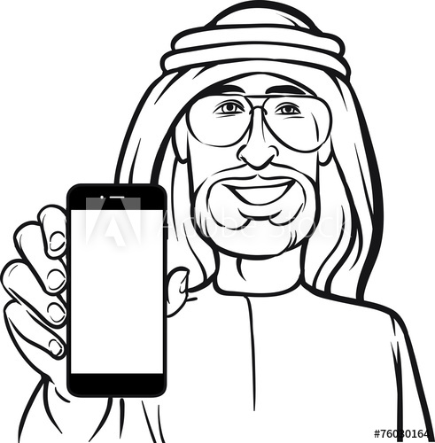 491x500 Line Drawing Of A Arab Man Showing A Mobile App On A Smart Phone