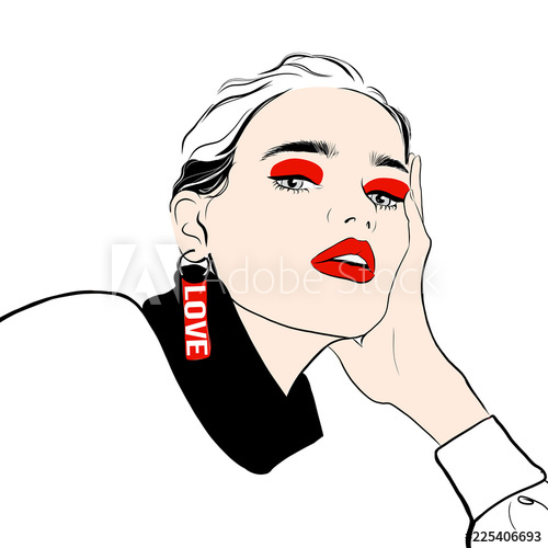500x500 Beautiful Woman With Red Lips And Makeup With Earring Love, Vector