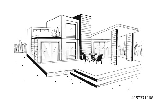 500x326 Hand Drawn Villa Modern Private Residential House Black