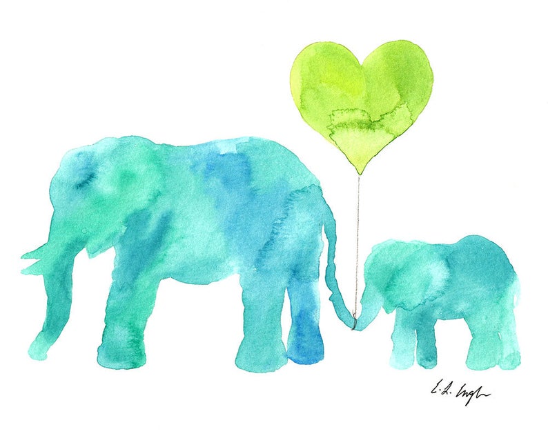 794x635 Elephant Nursery Art Original Watercolor Painting Aqua Blue Etsy