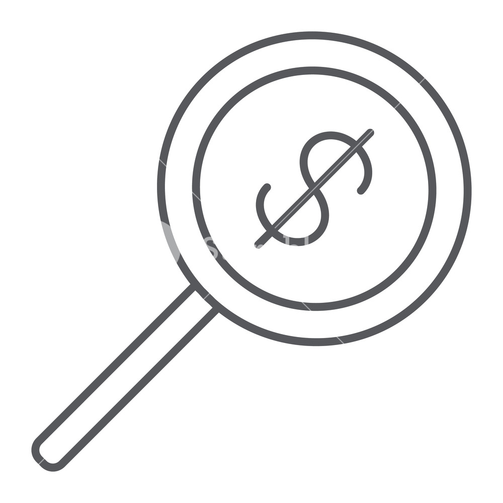 1000x1000 money search thin line icon, dollar and lens, magnifier sign