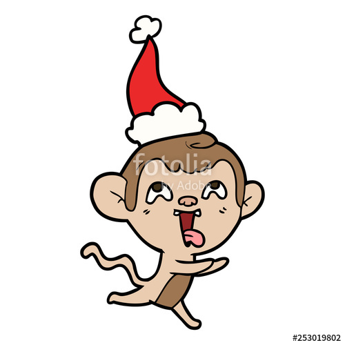 500x500 Crazy Line Drawing Of A Monkey Running Wearing Santa Hat Stock