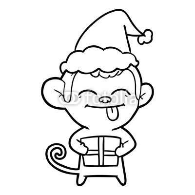 400x400 Funny Line Drawing Of A Monkey With Christmas Present Wearing