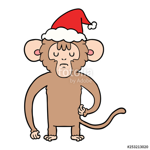 500x500 line drawing of a monkey scratching wearing santa hat stock image