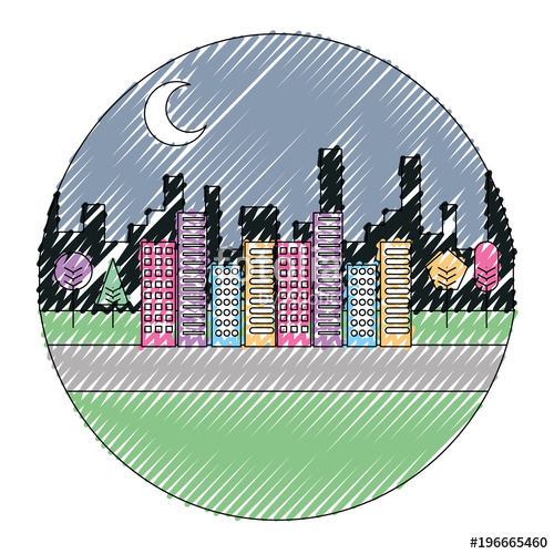 500x500 Landscape Night Urban Buildings Trees Moon Scenary Round Design