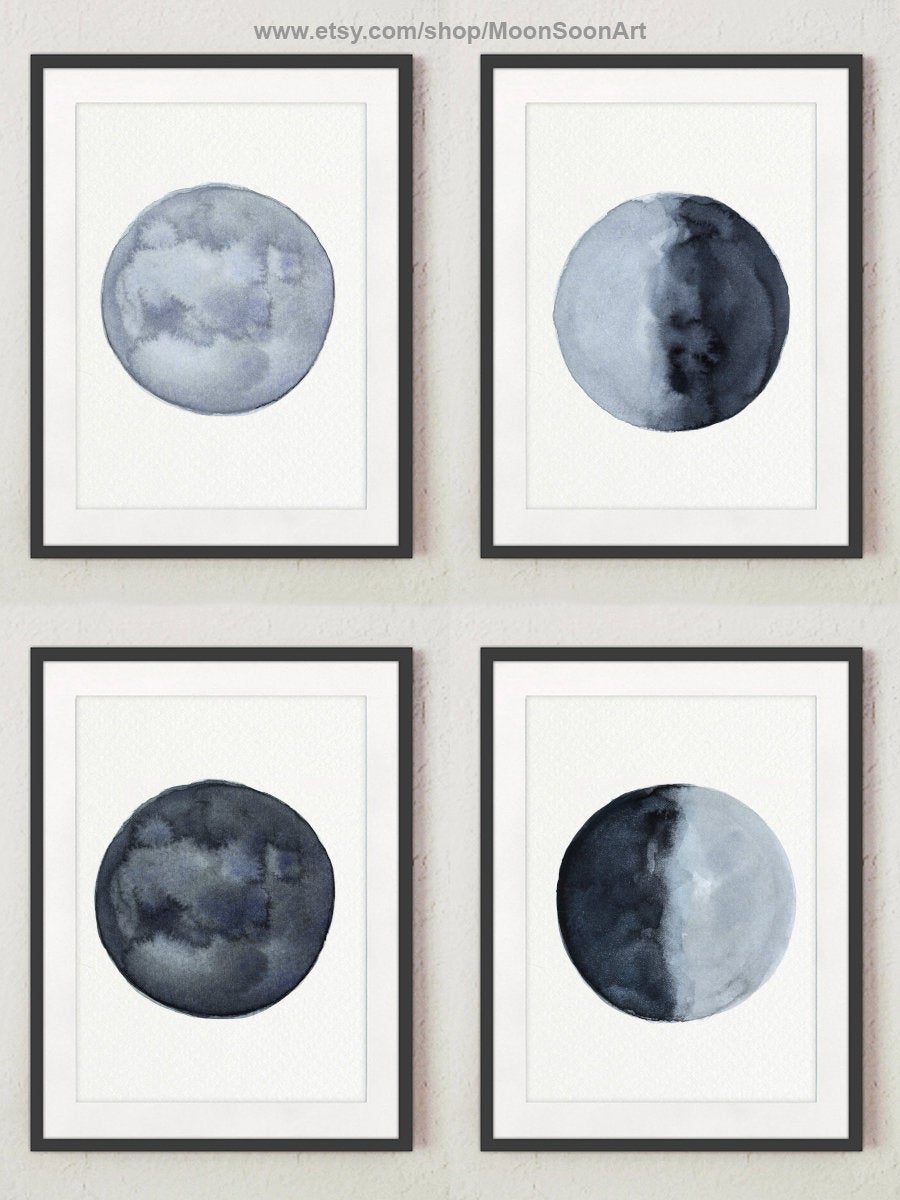 900x1200 Digital Art Print Luna Phases Watercolour Set Greyscale Etsy