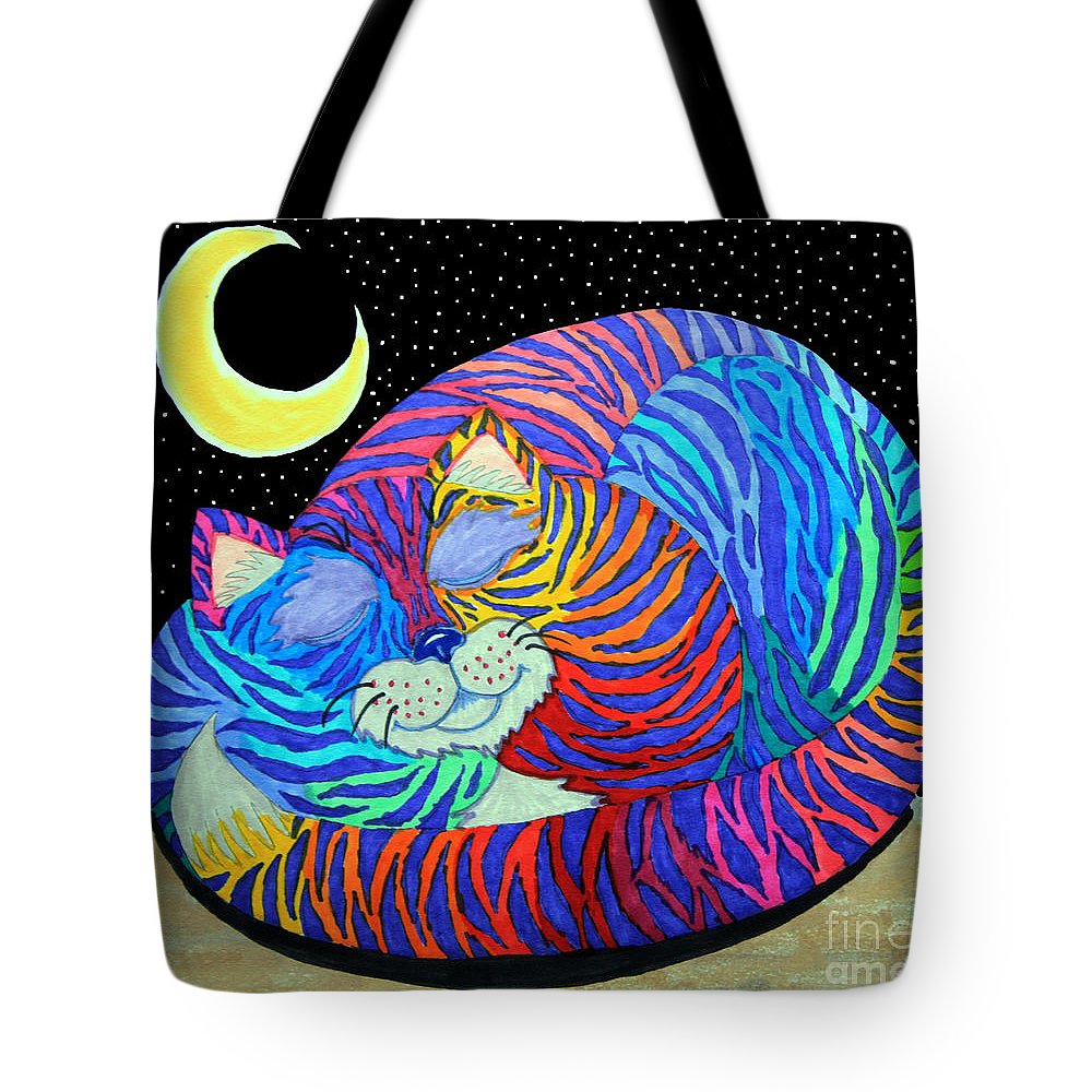 1000x1000 Colorful Striped Cat In The Moonlight Tote Bag For Sale