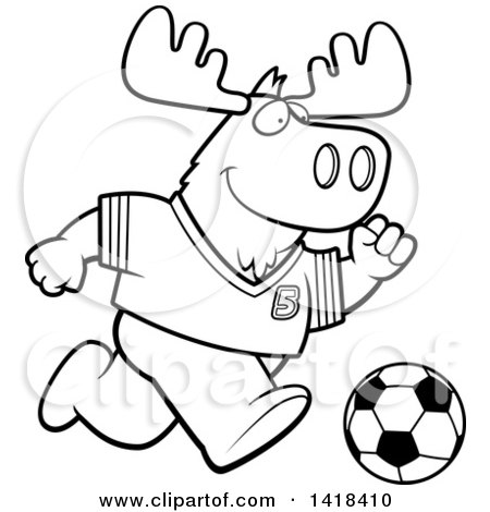 450x470 Cartoon Clipart Of A Black And White Lineart Sporty Moose Playing
