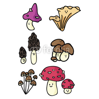 400x400 Kawaii Mushroom Cartoon Vector Illustration Motif Set Hand Drawn