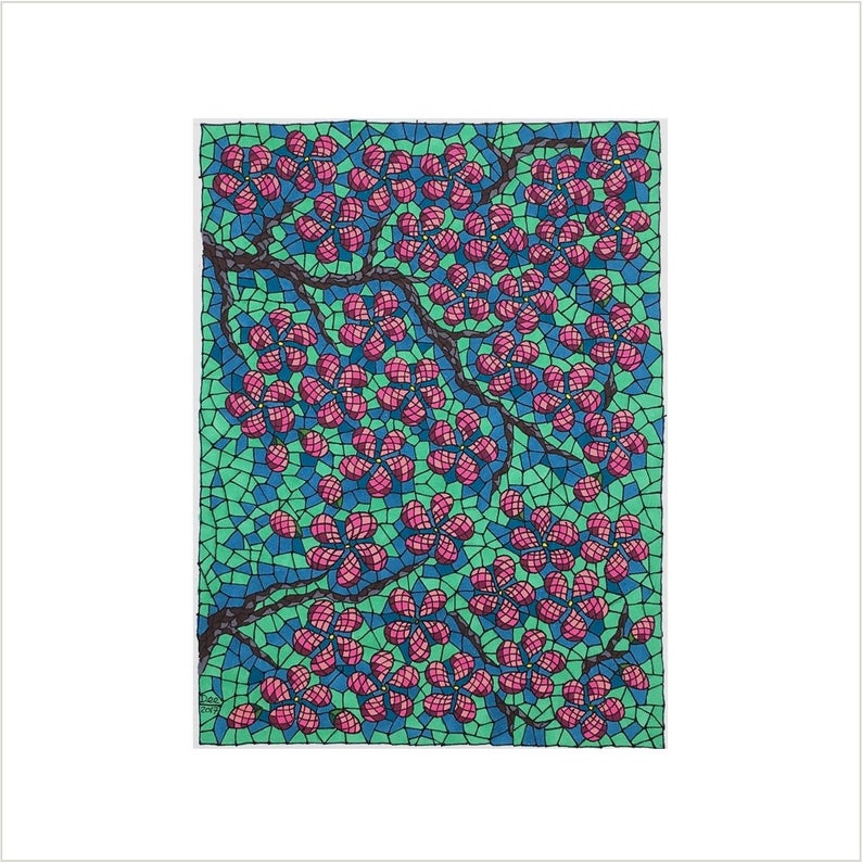 794x795 Pink Cherry Blossom Drawing Japanese Blossom Mosaic Original Etsy