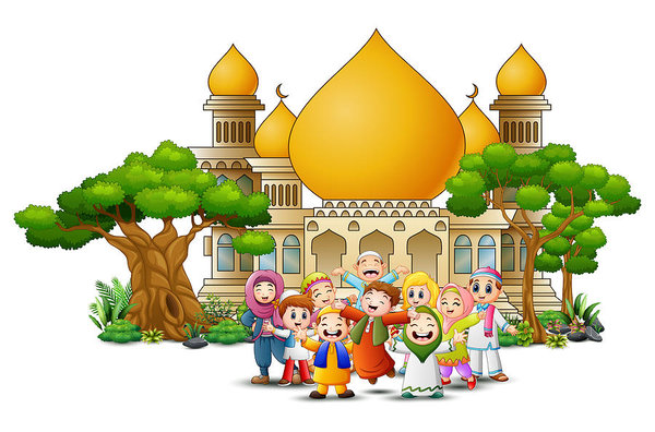 600x396 Happy Muslim Kids Cartoon In Front Of A Gold Mosque Art Print