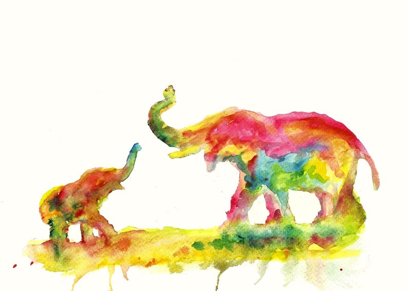 794x567 Mother And Baby Elephant Art Print Of Colorful Watercolor Etsy