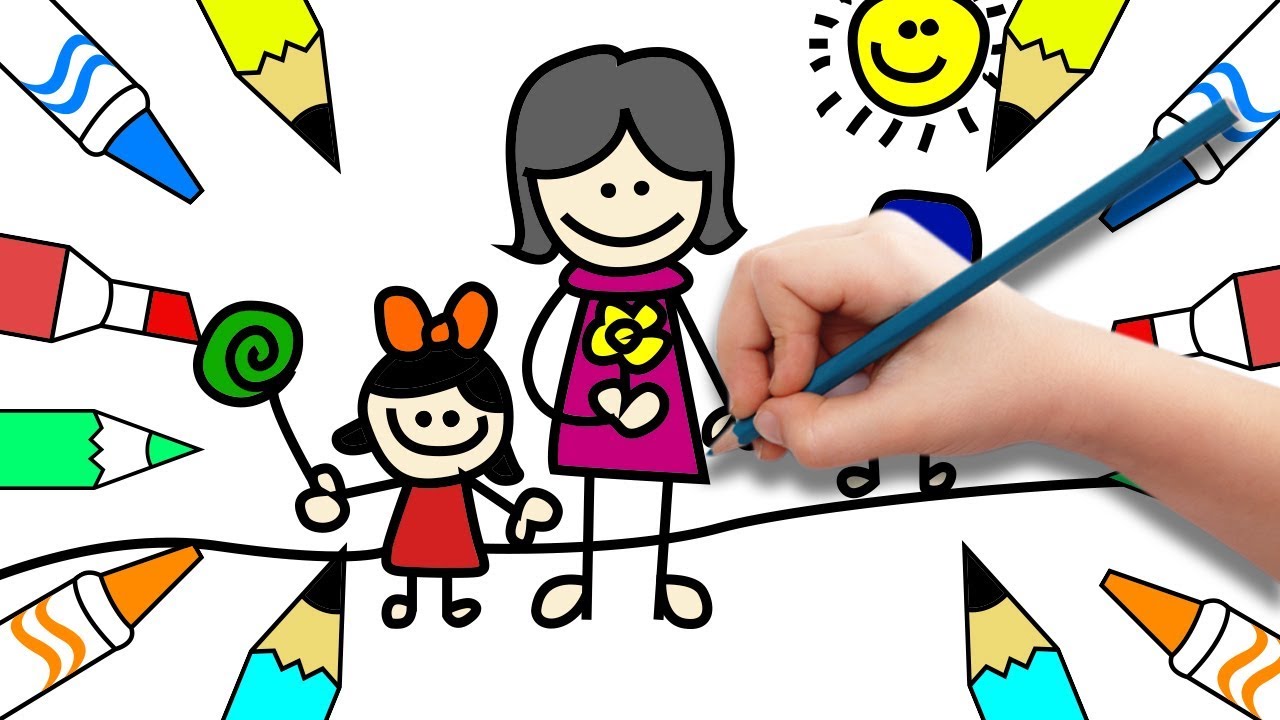 1280x720 How To Draw Mother And Son Coloring Book Family Example