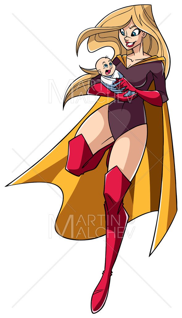 590x1031 Super Mom With Baby Vector Cartoon Illustration Woman Etsy