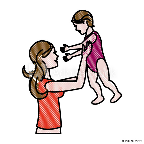 500x500 Drawing Mom Holding Baby Playing Image Vector Illustration