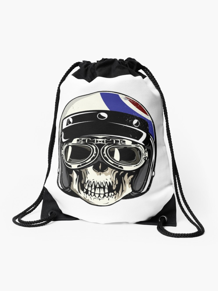 750x1000 Hand Drawing Of Skull Wearing Motorcycle Helmet Drawstring Bag