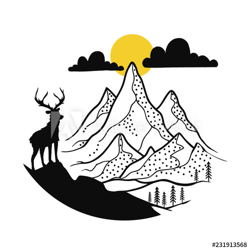 500x500 Vector Illustration With Deer Silhouette And Outdoor Mountain