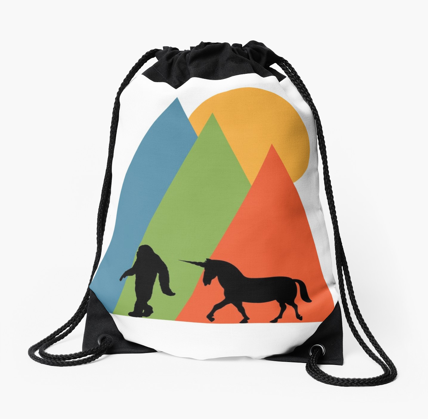 1435x1404 bigfoot yeti sasquatch unicorn mountain and sun design drawstring