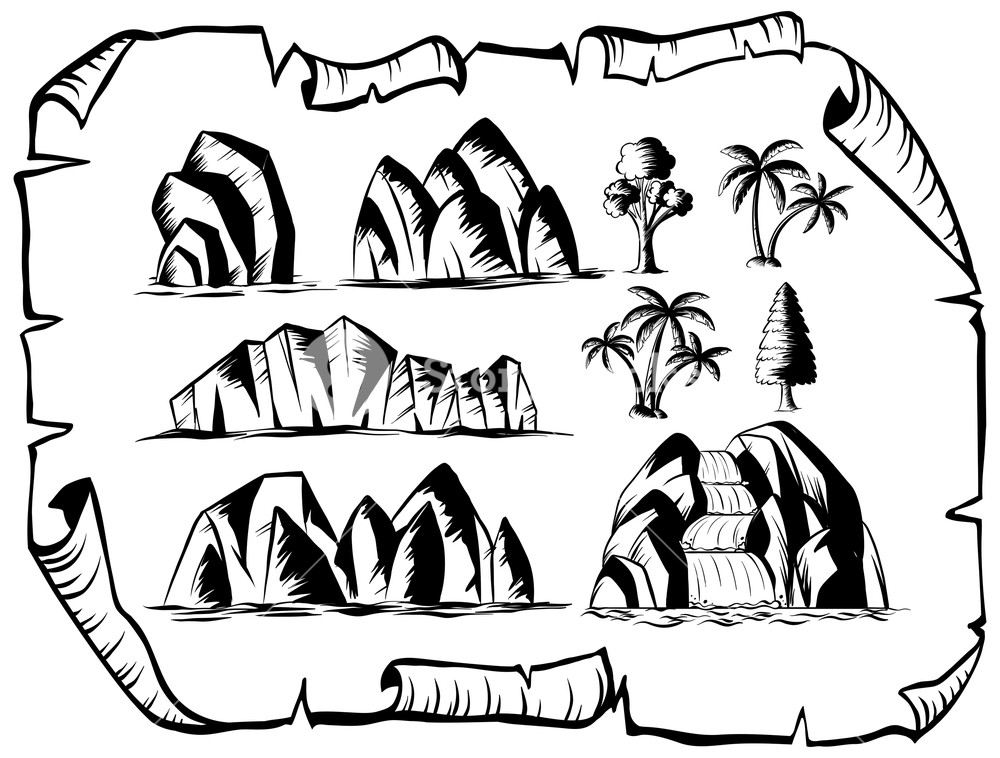1000x758 Mountains And Trees In Black And White Illustration Royalty Free