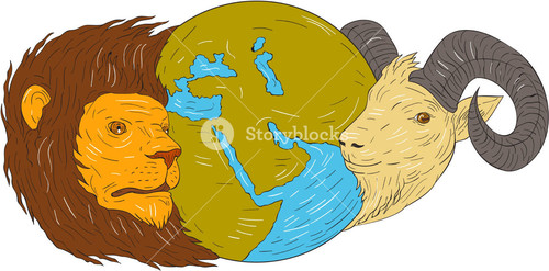 500x247 Lion Ram Goat Mountain Goat Globe Map Middle East World Map