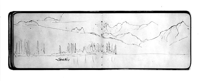 640x258 Filesketch Of Mountains, Lake, And Canoe