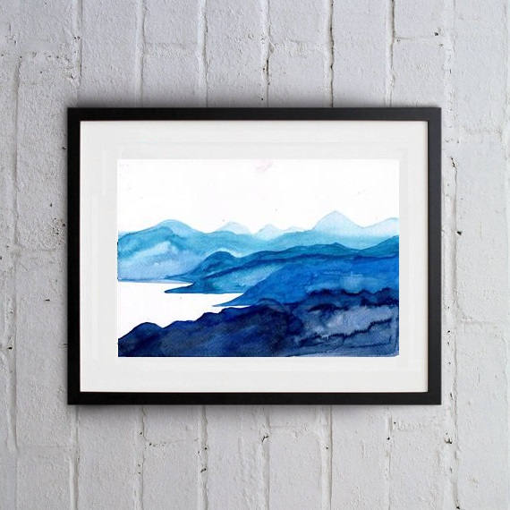 570x570 Mountain Lake Sky Print Landscape Watercolor Painting Turquoise