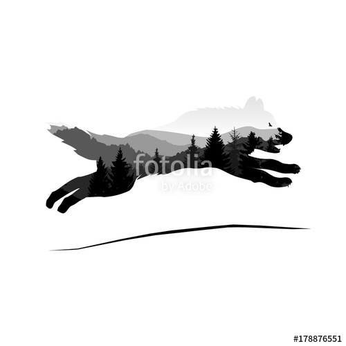 500x500 Silhouette Of Jumping Wolf With Mountain Landscape Grey Tones